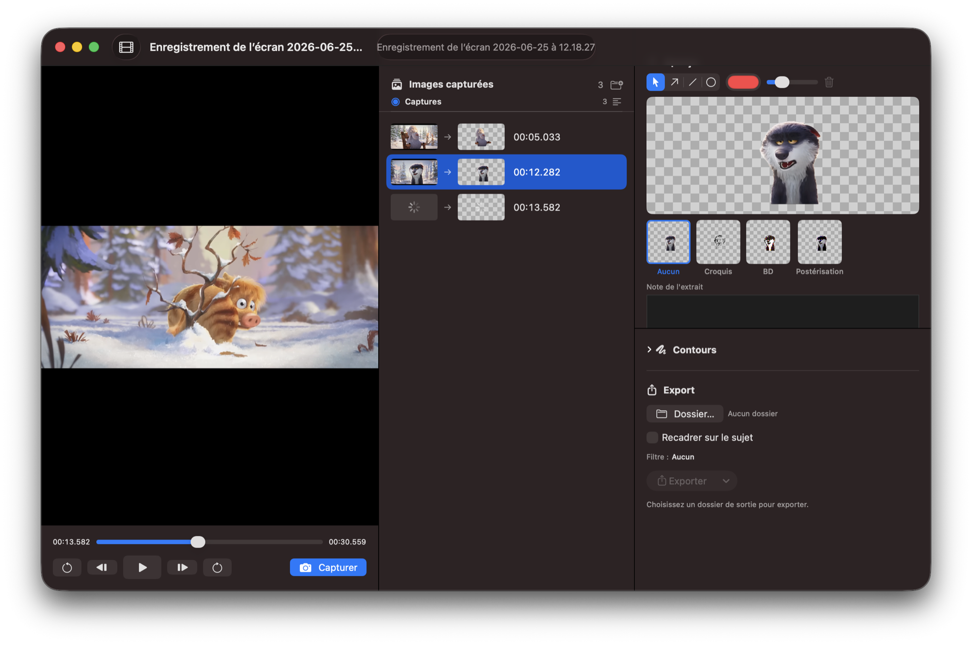 The FramePeel workspace: video player, captured frames list, and the extraction & export panel